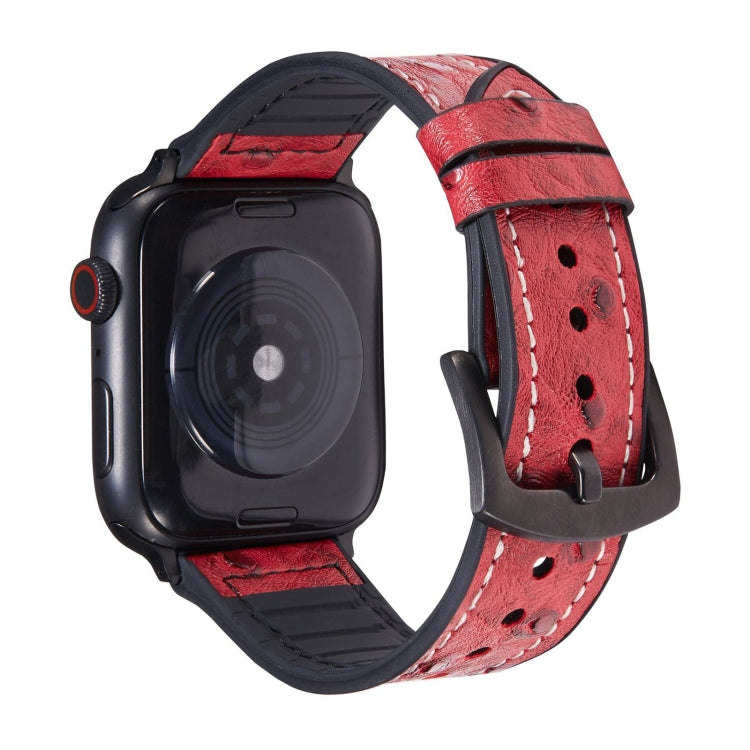 Red ostrich-texture leather watch band with metal clasp and stitched pin holes