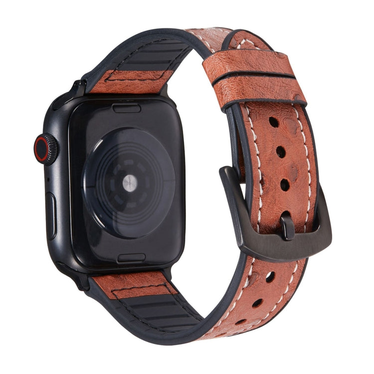 Brown ostrich-texture leather watch band with metal clasp and pin holes