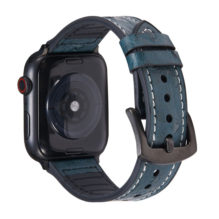 Blue ostrich-texture leather watch band with metal clasp and pin holes