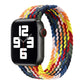 Rainbow braided single-loop watchband on a square smartwatch with metal pin ends