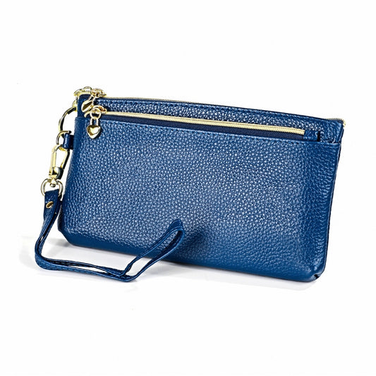 Blue zip coin purse with wrist strap and gold keyring hardware, pebbled leather texture.