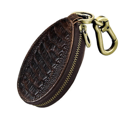 Vintage leather key case with carabiner clip, dark brown embossed oval with zipper