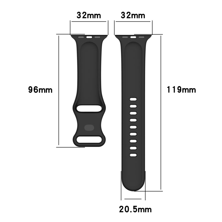 Silicone Apple Watch band size chart showing strap dimensions and hole placement