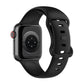 Silicone Apple Watch band, black, side view with pin-and-buckle clasp and hole rows