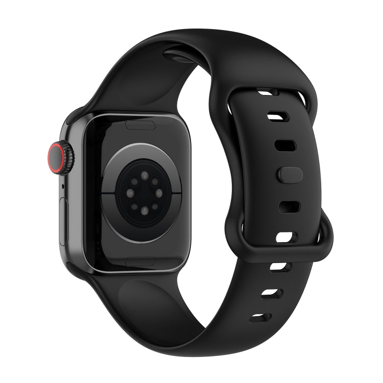 Silicone Apple Watch band, black, side view with pin-and-buckle clasp and hole rows