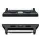 Black stainless steel watch band connector pair, side and bottom views with spring bar