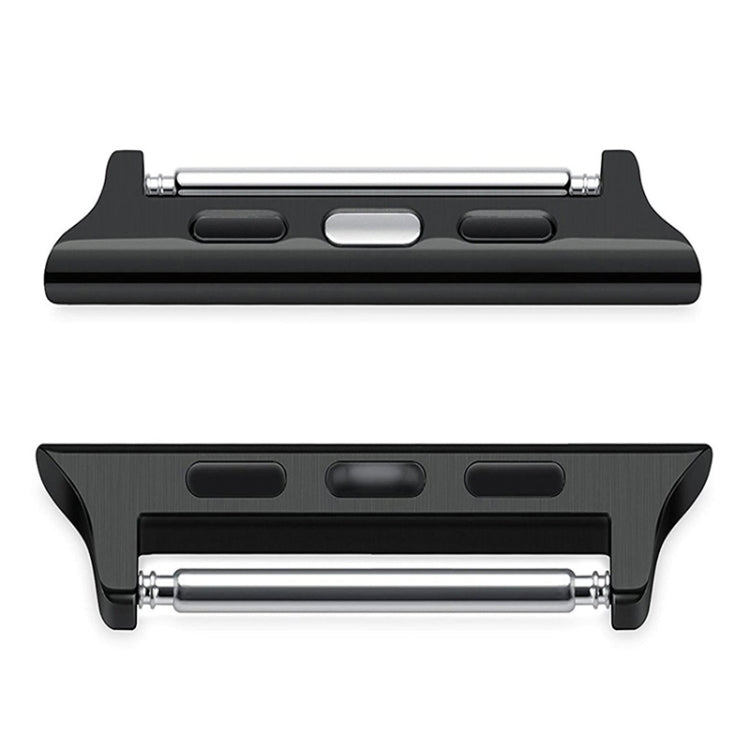 Black stainless steel watch band connector pair, side and bottom views with spring bar