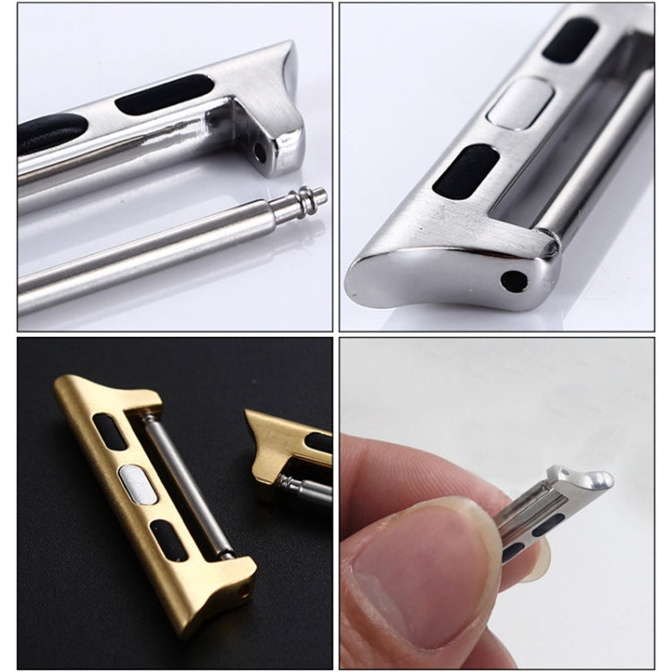 Stainless steel watch band connector close-ups in silver and gold tones