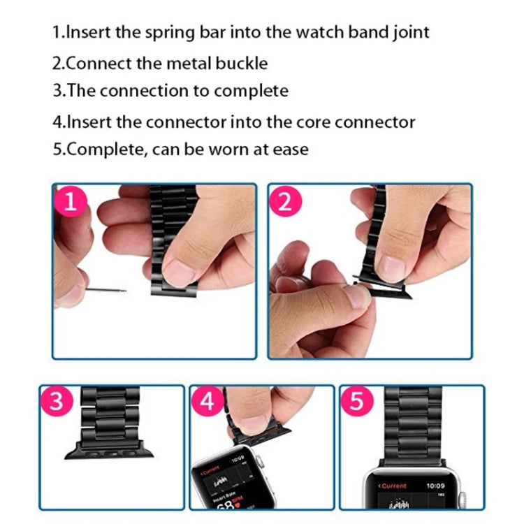5-step diagram showing hands inserting watch band connector and spring bar