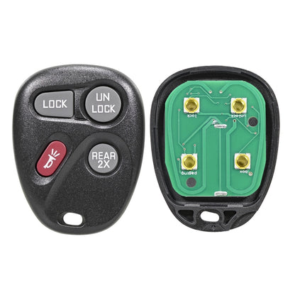 Black 4-button car key fob with LOCK, UNLOCK, REAR 2X, and red panic icon