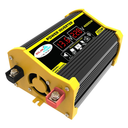 Yellow and black car power inverter with LED display and DC terminal mounts