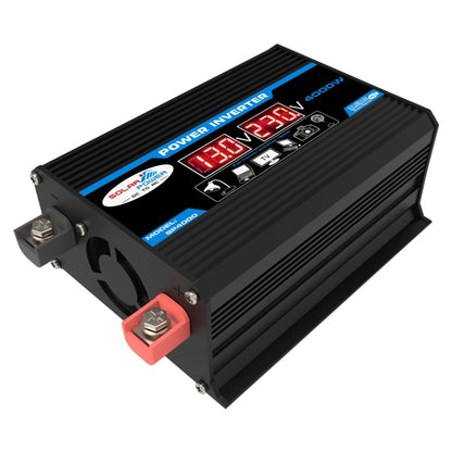 Black car power inverter with red terminal caps and digital voltage display panel