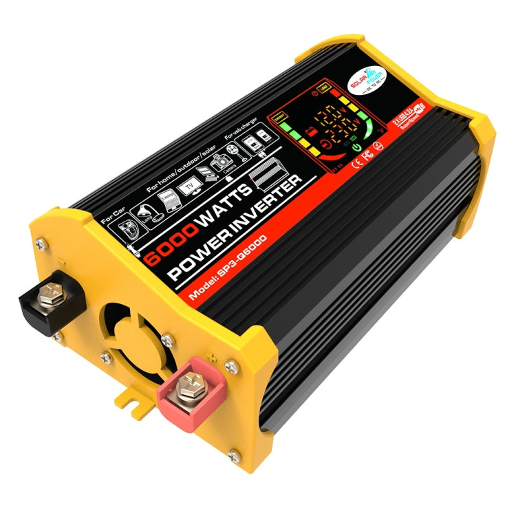 Yellow and black car power inverter with LED display, mounting feet, and red DC terminal
