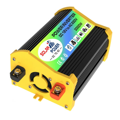 Yellow and black DC to AC power inverter with vented casing and labeled control panel