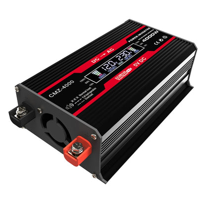 Black 12V to 110V car power inverter with red DC terminals and cooling fins
