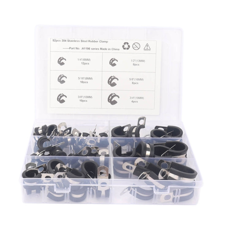 Rubber-lined stainless steel pipe clamp set in clear organizer tray