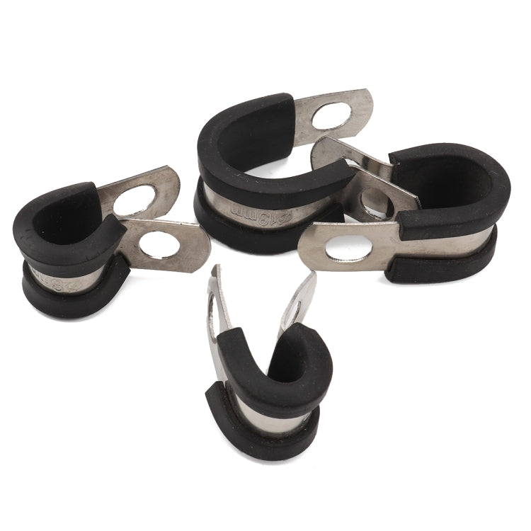 Assorted rubber-lined stainless steel pipe clamps with metal mounting tabs