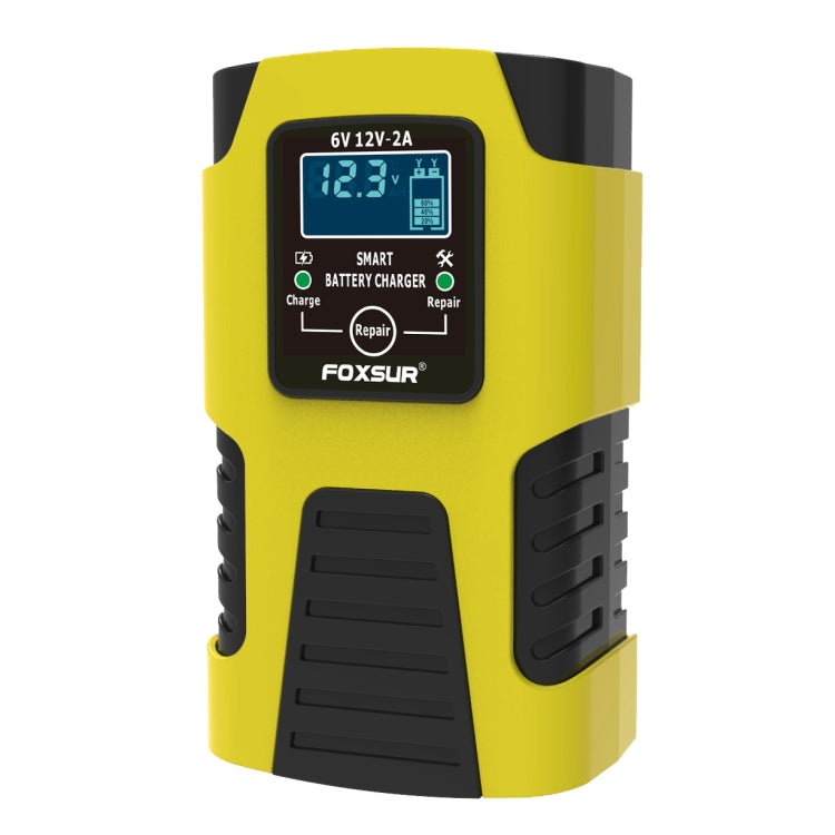 Smart battery charger, yellow housing with LCD screen and charging/repair mode indicators