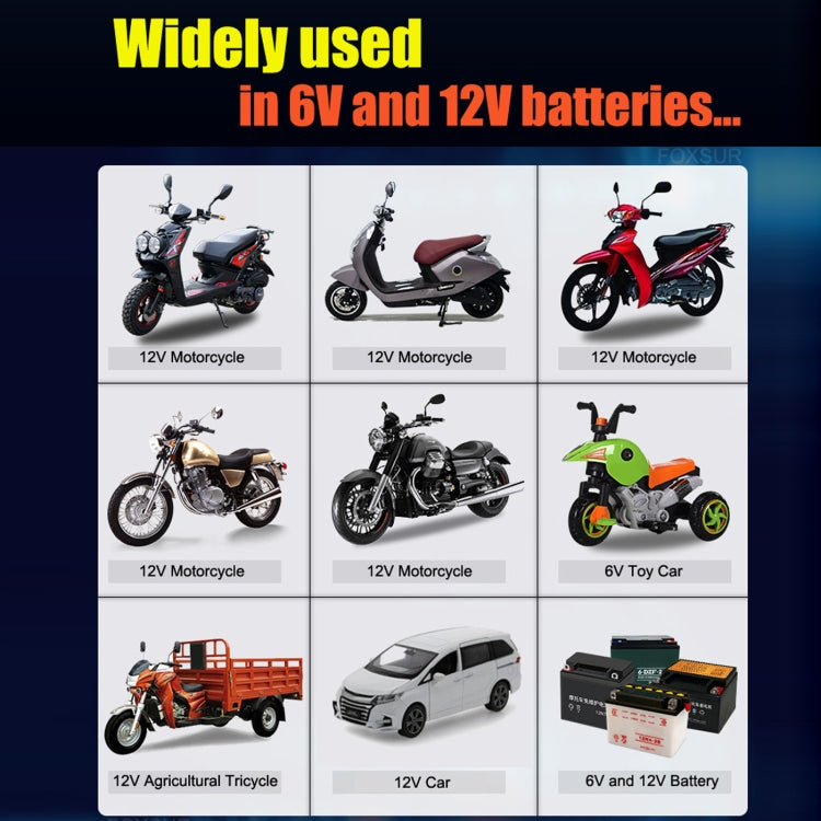 Battery charger compatibility chart showing 6V and 12V vehicles and battery use.