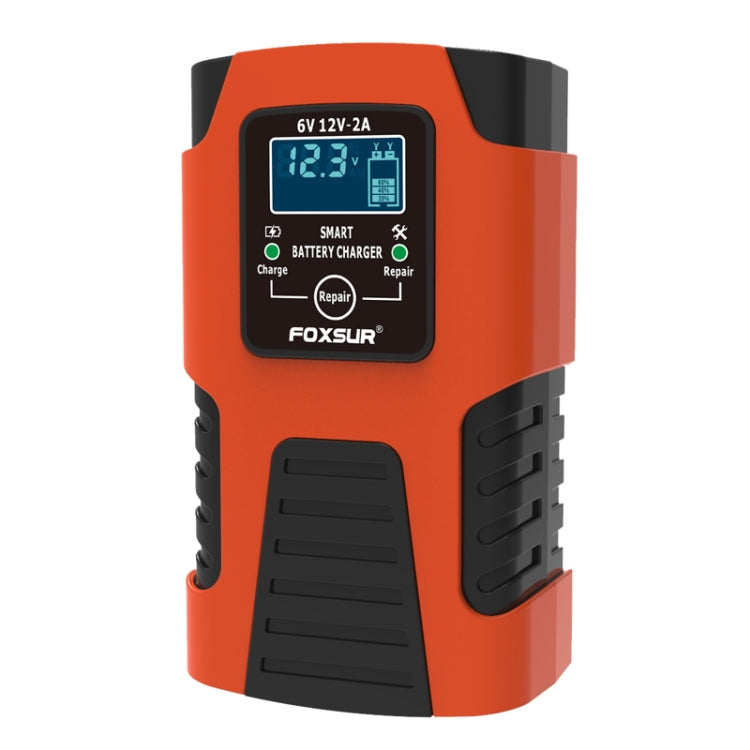 Smart battery charger, orange housing with front LCD reading and mode icons