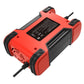 Red battery charger body with black side panels, rear label area, and attached cable ports.