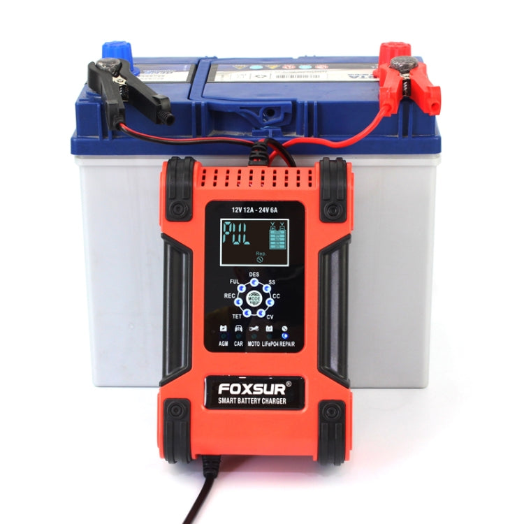 Battery charger connected to a blue lead-acid battery with red and black clamp leads.