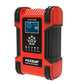 Red compact battery charger with LCD display, black protective corners, and top power housing.
