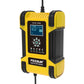 Yellow battery charger with front LCD display and black side casing, power cord extending.