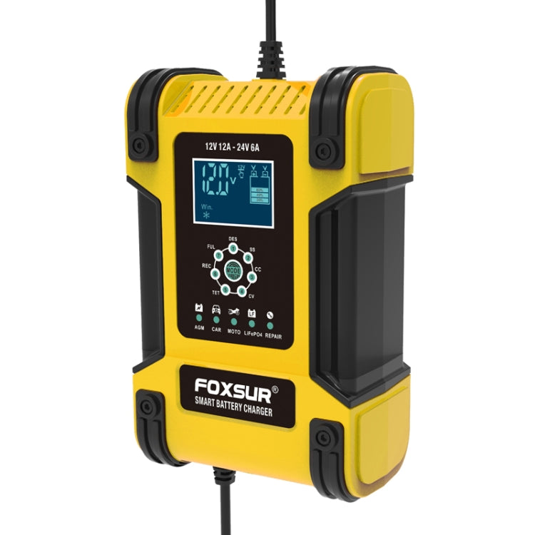 Yellow battery charger with front LCD display and black side casing, power cord extending.