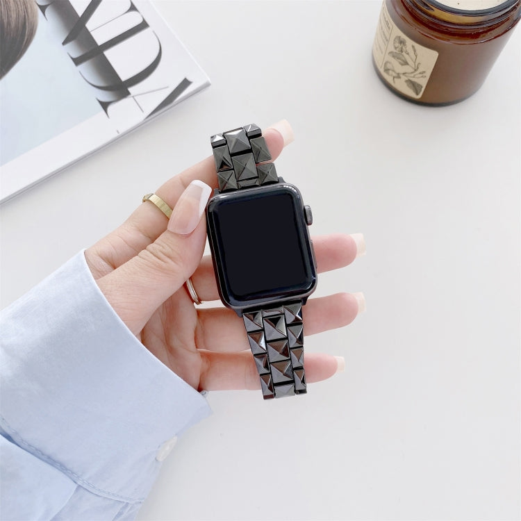 Rhombic grid ceramic watchband, black with red inlays, held with square smartwatch