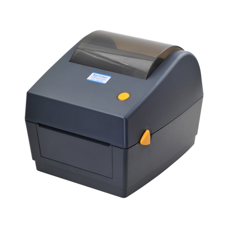 Thermal receipt printer with paper roll window and front control panel, dark blue-black