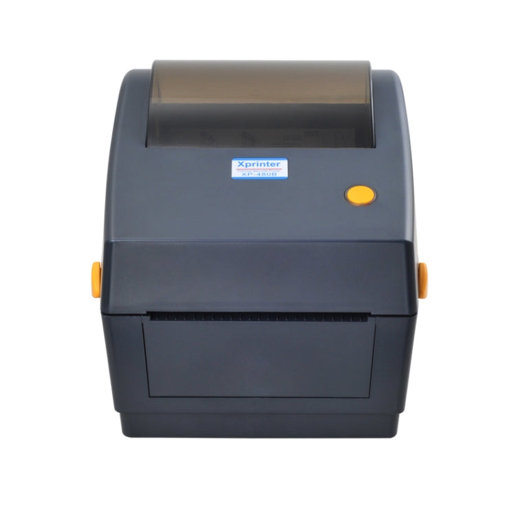 Thermal receipt printer front view with top paper roll cover and round status light
