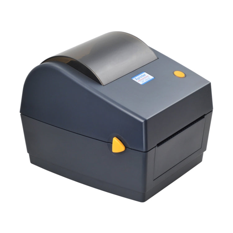 Thermal receipt printer angled view with top paper cover and yellow button accents