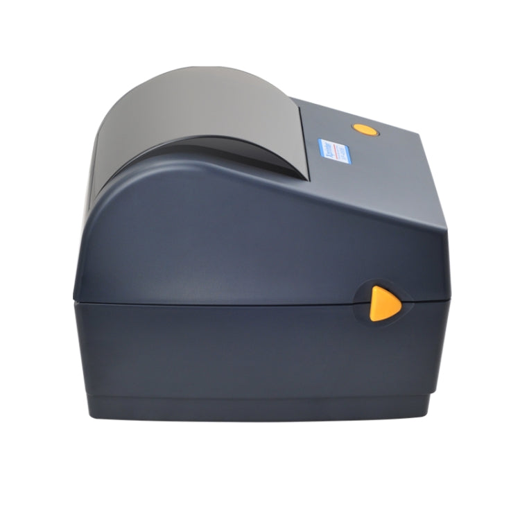 Thermal receipt printer close-up with curved top cover and yellow selector button