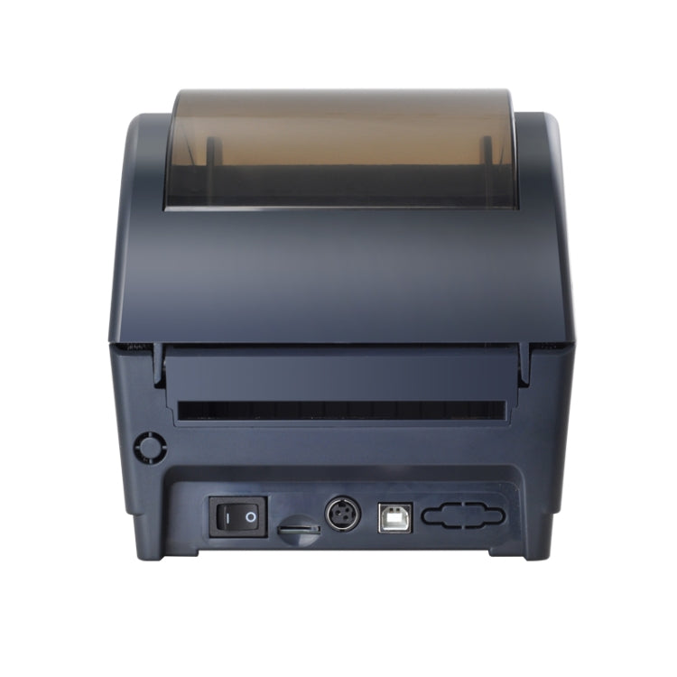 Thermal receipt printer rear panel with ports and power controls, dark body