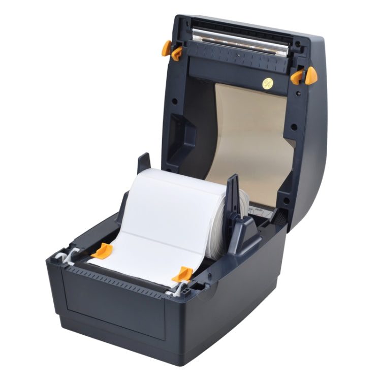 Thermal receipt printer open view showing internal mechanism and paper roll inside