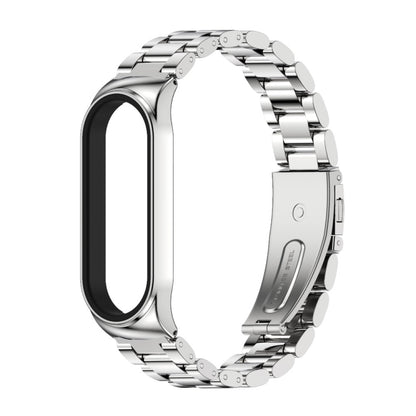 Stainless steel metal watch band with silver three-bead links, curved case adapter