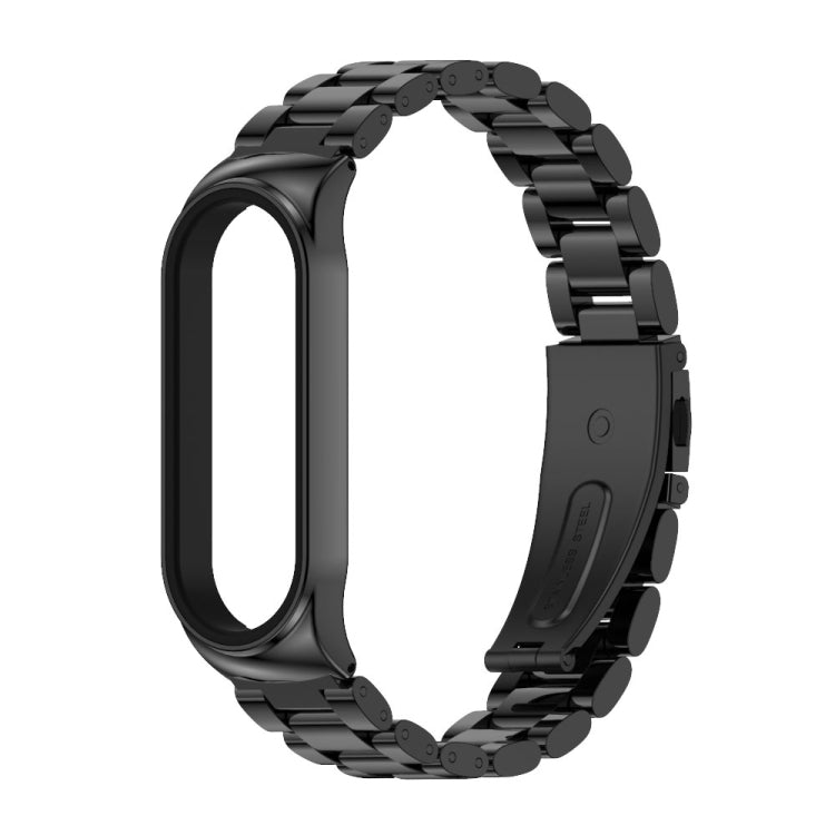 Stainless steel metal watch band with black three-bead links and curved adapter
