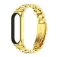 Stainless steel metal watch band with gold three-bead links and curved adapter