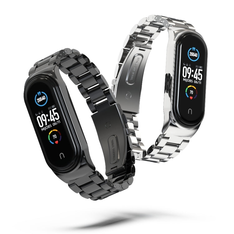 Two-tone stainless steel watch bands with dark and silver three-bead links, tracker faces