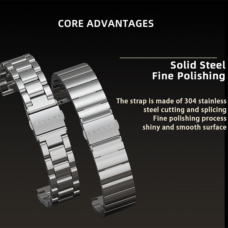 Stainless steel watch band links in shiny silver with secure pin-style end pieces