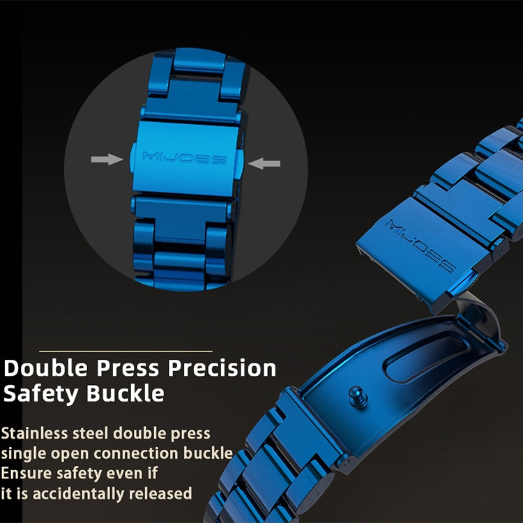 Blue stainless steel watch band with linked links and double-press safety buckle detail
