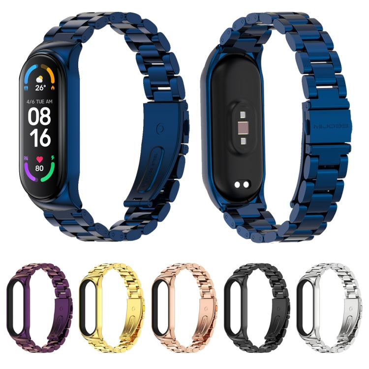 Blue stainless steel three-bead metal watch band for Mi Band 6/5