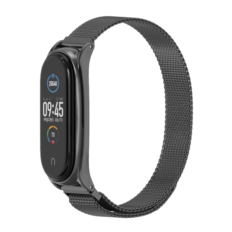 Black magnetic stainless steel watch band with mesh strap and watch screen