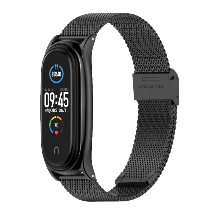 Black Milanese stainless steel watch band with metal clasp and smartwatch display