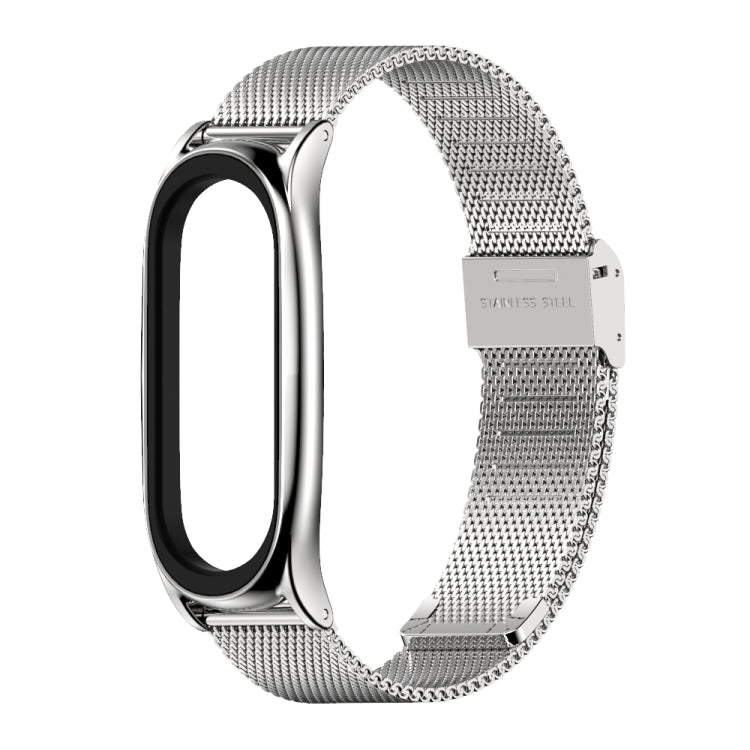 Silver stainless steel Milanese watch band with metal clasp and black smartwatch