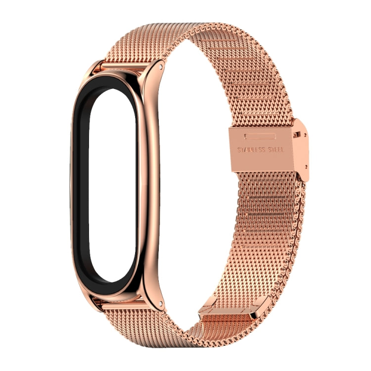 Rose gold stainless steel Milanese watch band with metal clasp and black smartwatch