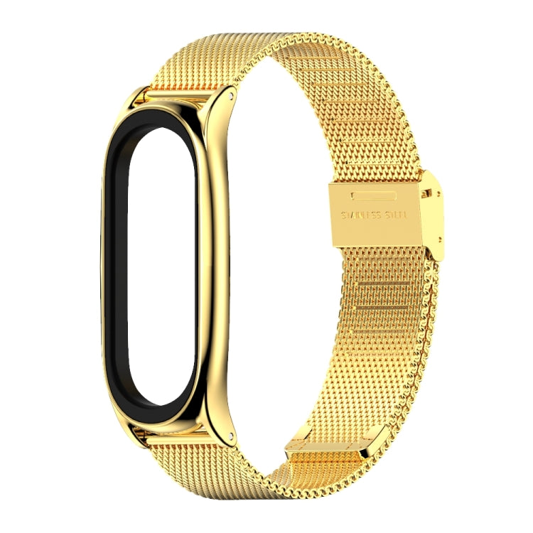Gold stainless steel Milanese watch band with metal clasp and black smartwatch