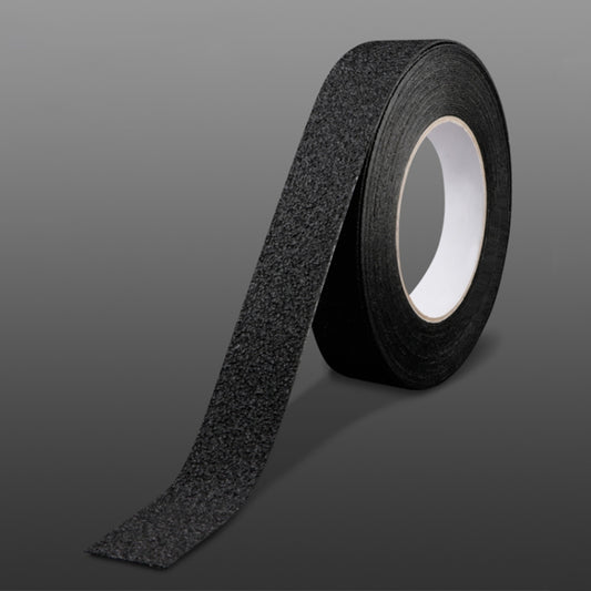 Black anti-slip floor tape roll with textured surface, narrow strip