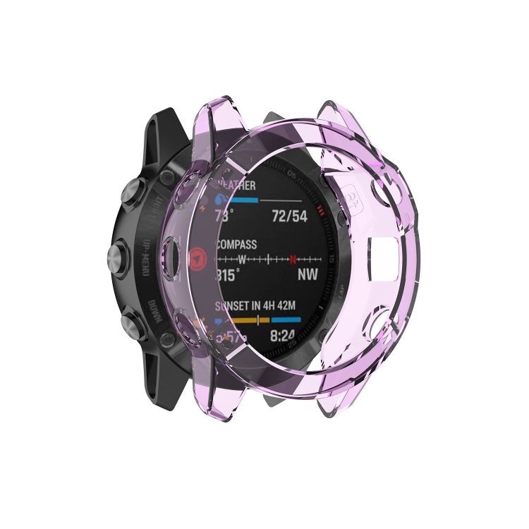 Half-coverage TPU smartwatch protective case in transparent purple, front view